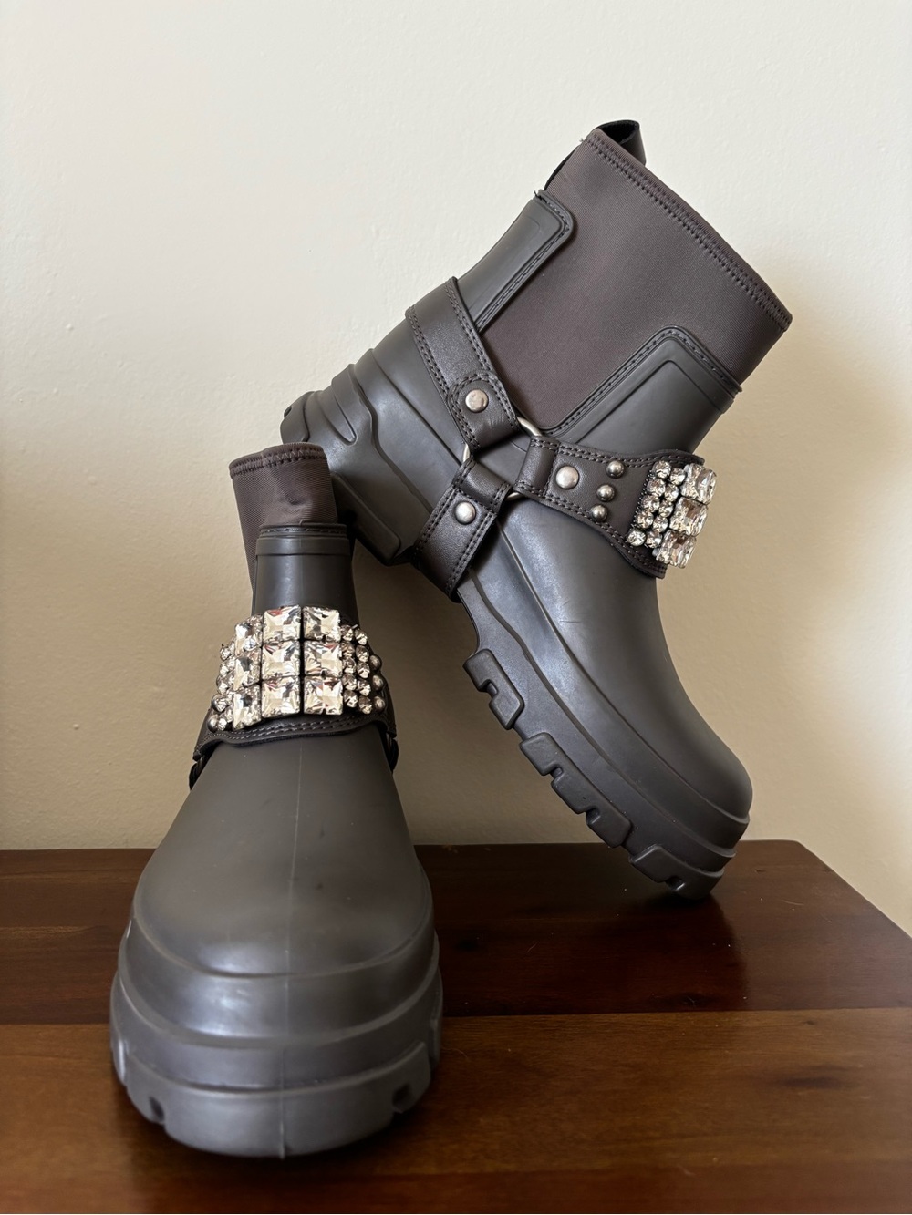 Karl Lagerfeld Gray Crystal-Embellished Lug Sole Ankle Boots